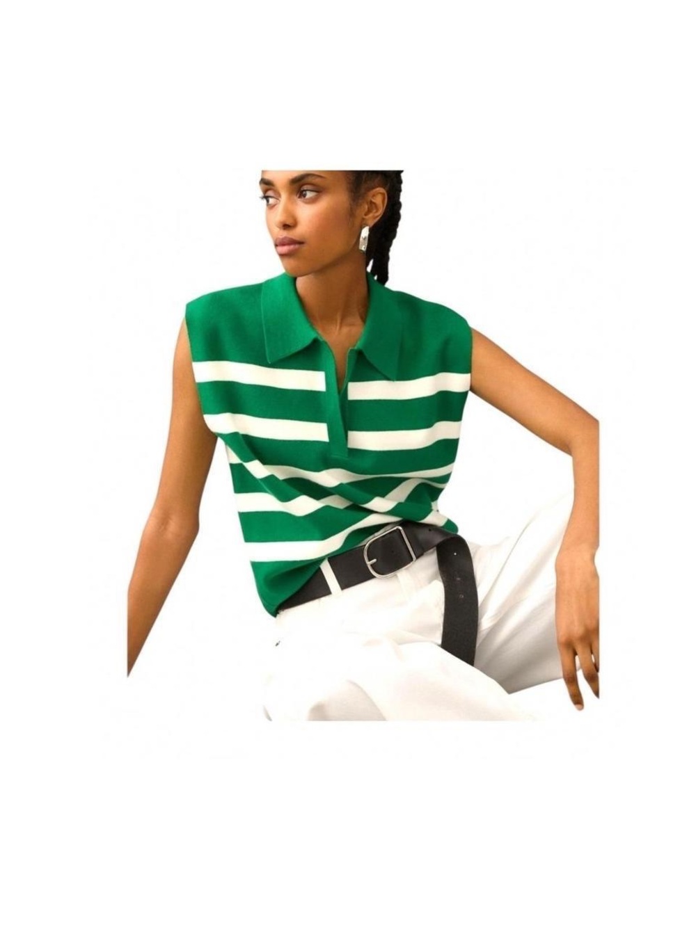 Maeve Green & White Striped Sleeveless Collared Sweater